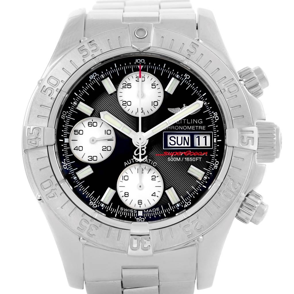 This image shows a front view of a Breitling Superocean A13340 Men
s Stainless Steel Black Dial A13340 Men
s Stainless Steel Black Dial watch, depicting its chronograph, date, and time features.