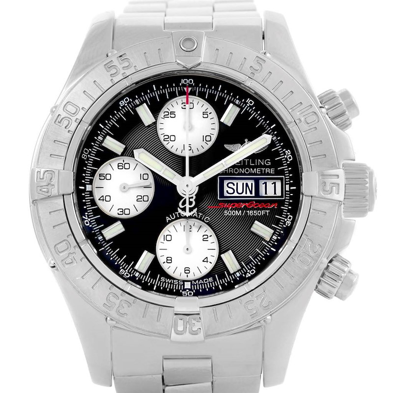 This image shows a front view of a Breitling Superocean watch, depicting its chronograph, date, and time features.