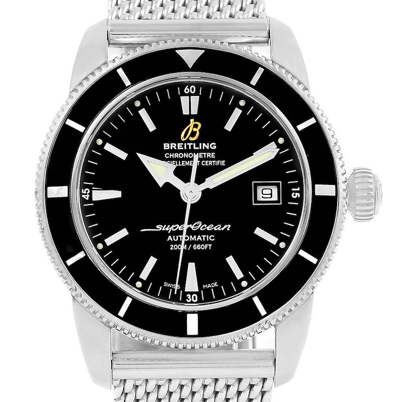 The Breitling Superocean watch is shown from the front, displaying the dial, bezel, and part of the mesh strap.