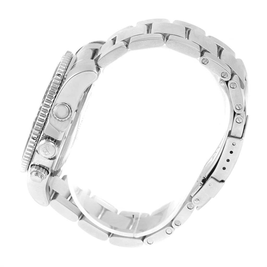 The image shows a side view of the Breitling Superocean A13311 Men's Stainless Steel Blue Dial A13311 Men's Stainless Steel Blue Dial watch, highlighting its case, bezel, crown, and metal bracelet.