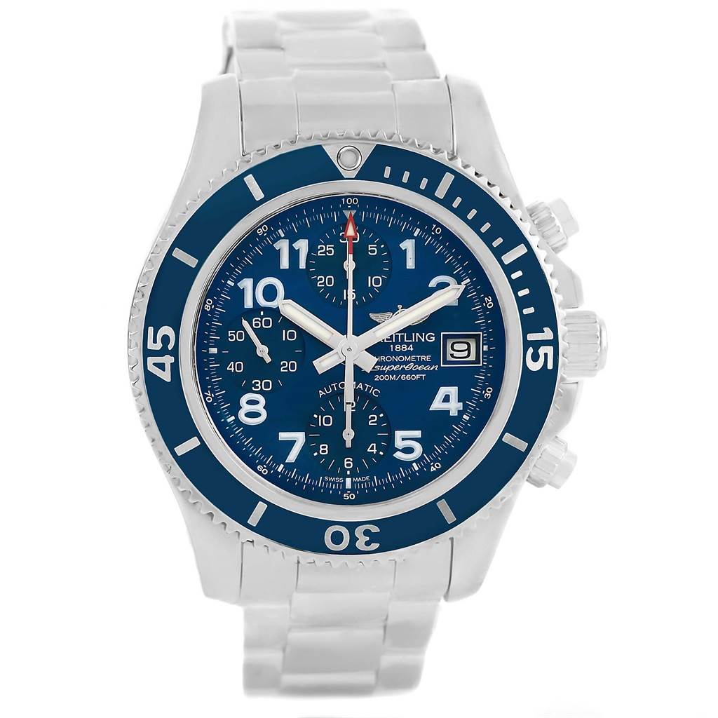 The Breitling Superocean A13311 Men's Stainless Steel Blue Dial A13311 Men's Stainless Steel Blue Dial watch is shown from the front, displaying the dial, bezel, crown, and part of the bracelet.