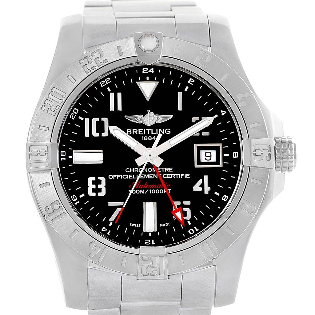 This Breitling Avenger A32390 Men's Stainless Steel Black Dial A32390 Men's Stainless Steel Black Dial watch is shown from the front, displaying its face, bezel, and part of its bracelet.