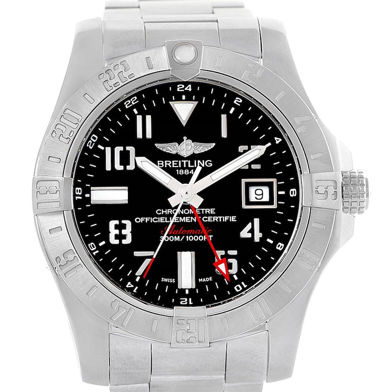 This Breitling Avenger watch is shown from the front, displaying its face, bezel, and part of its bracelet.