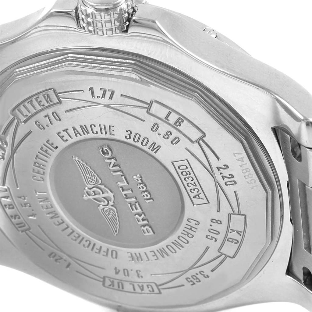 This image shows the back casing of the Avenger model by Breitling, emphasizing the brand engraving and specifications.