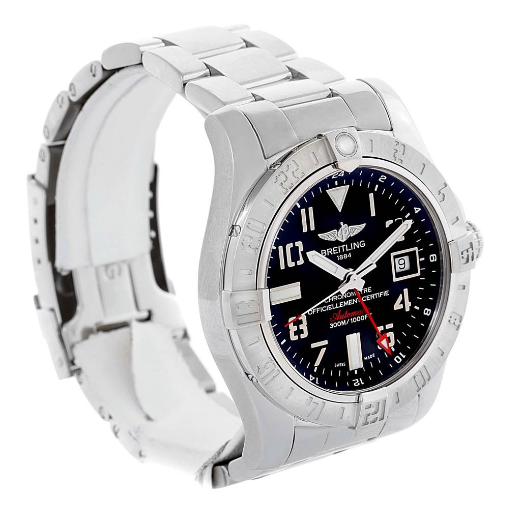 This Breitling Avenger A32390 Men's Stainless Steel Black Dial A32390 Men's Stainless Steel Black Dial watch is shown at an angled side view, displaying the face, bezel, and a partially open stainless steel bracelet.
