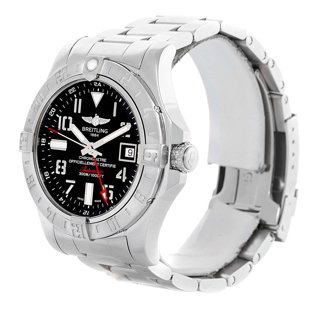 The image shows a side and front view of the Breitling Avenger A32390 Men's Stainless Steel Black Dial A32390 Men's Stainless Steel Black Dial watch, highlighting the face, bezel, and bracelet.