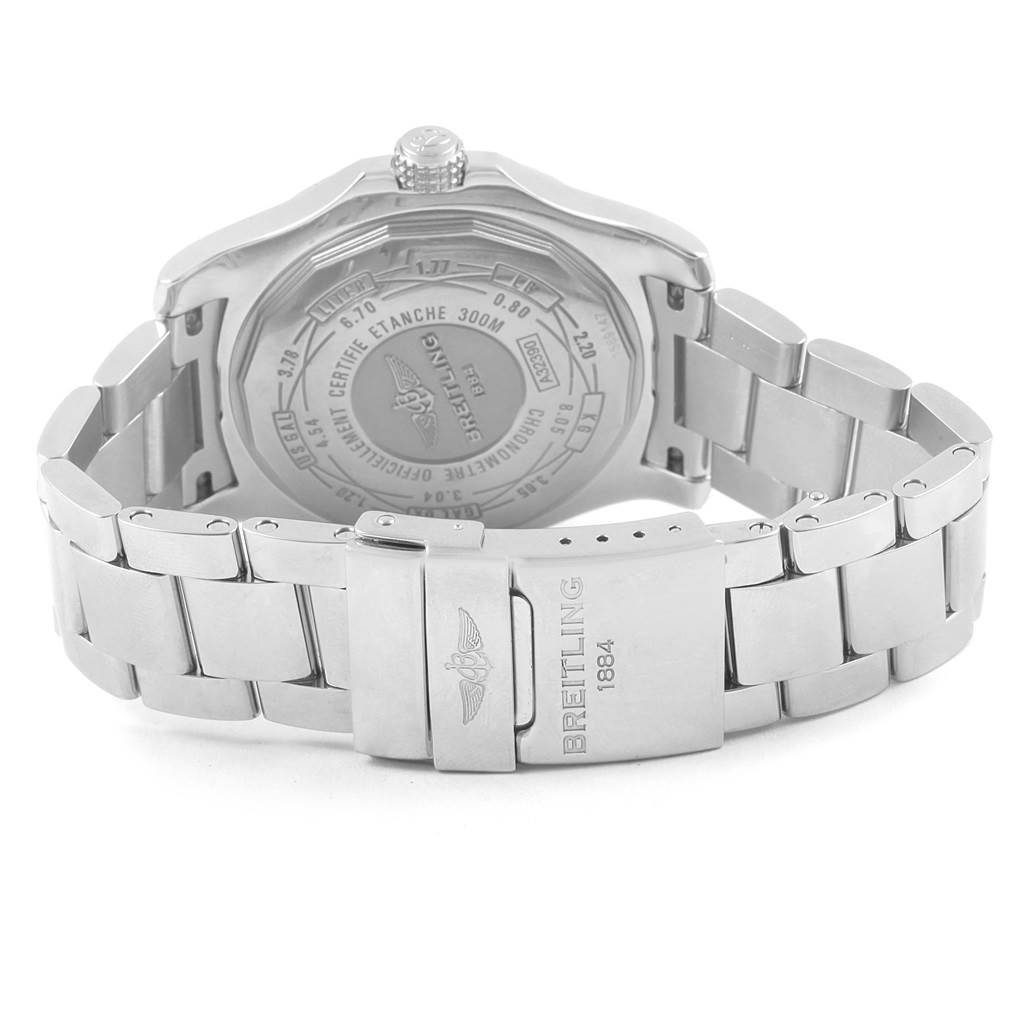 The image shows the back view of the Breitling Avenger A32390 Men's Stainless Steel Black Dial A32390 Men's Stainless Steel Black Dial watch, highlighting its case back and metal bracelet with clasp.