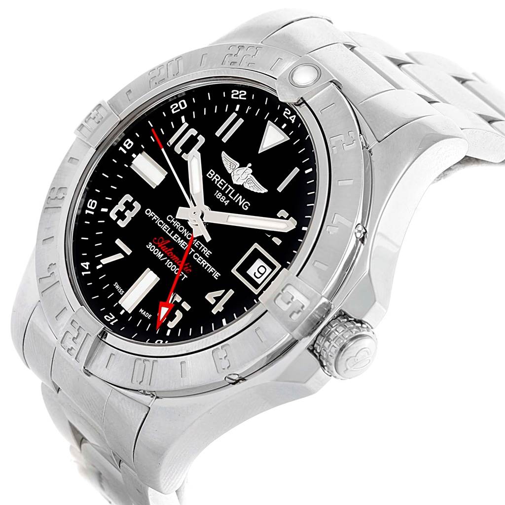 The Breitling Avenger A32390 Men's Stainless Steel Black Dial A32390 Men's Stainless Steel Black Dial watch is shown from a three-quarter angle, including the face, bezel, crown, and part of the metal band.
