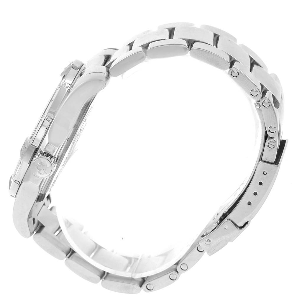 The Breitling Avenger A32390 Men's Stainless Steel Black Dial A32390 Men's Stainless Steel Black Dial watch is shown from a side angle, highlighting the case, crown, and metal bracelet.