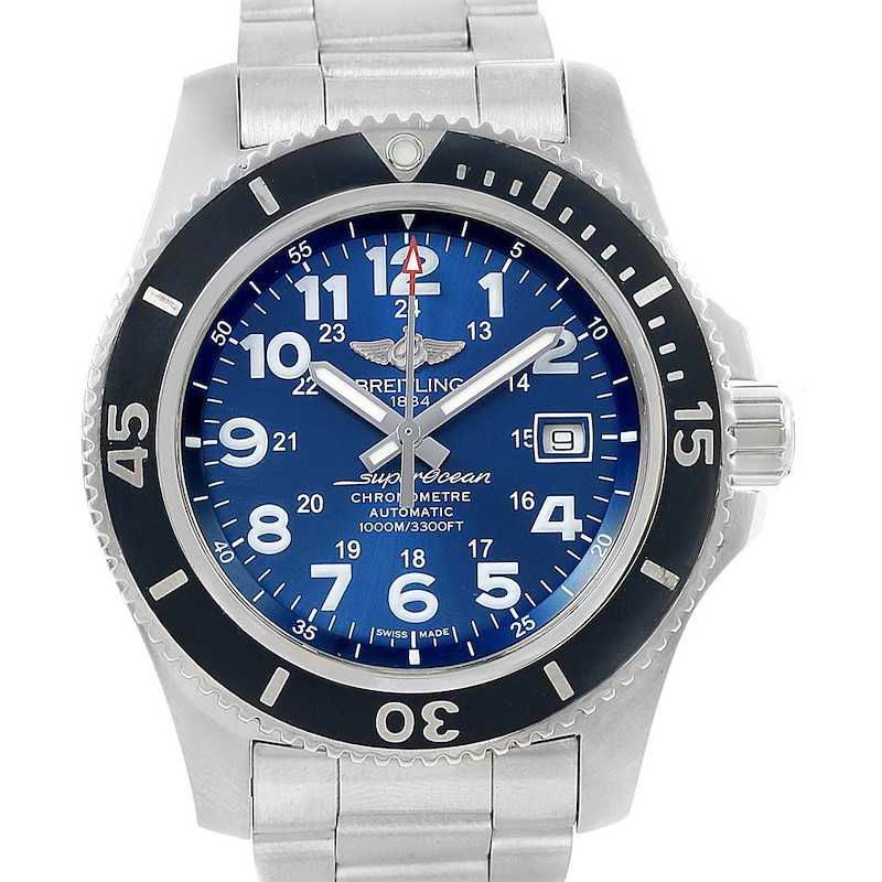 Breitling Superocean II 44 Gun Blue Dial Steel Watch A17392 Box Papers SwissWatchExpo