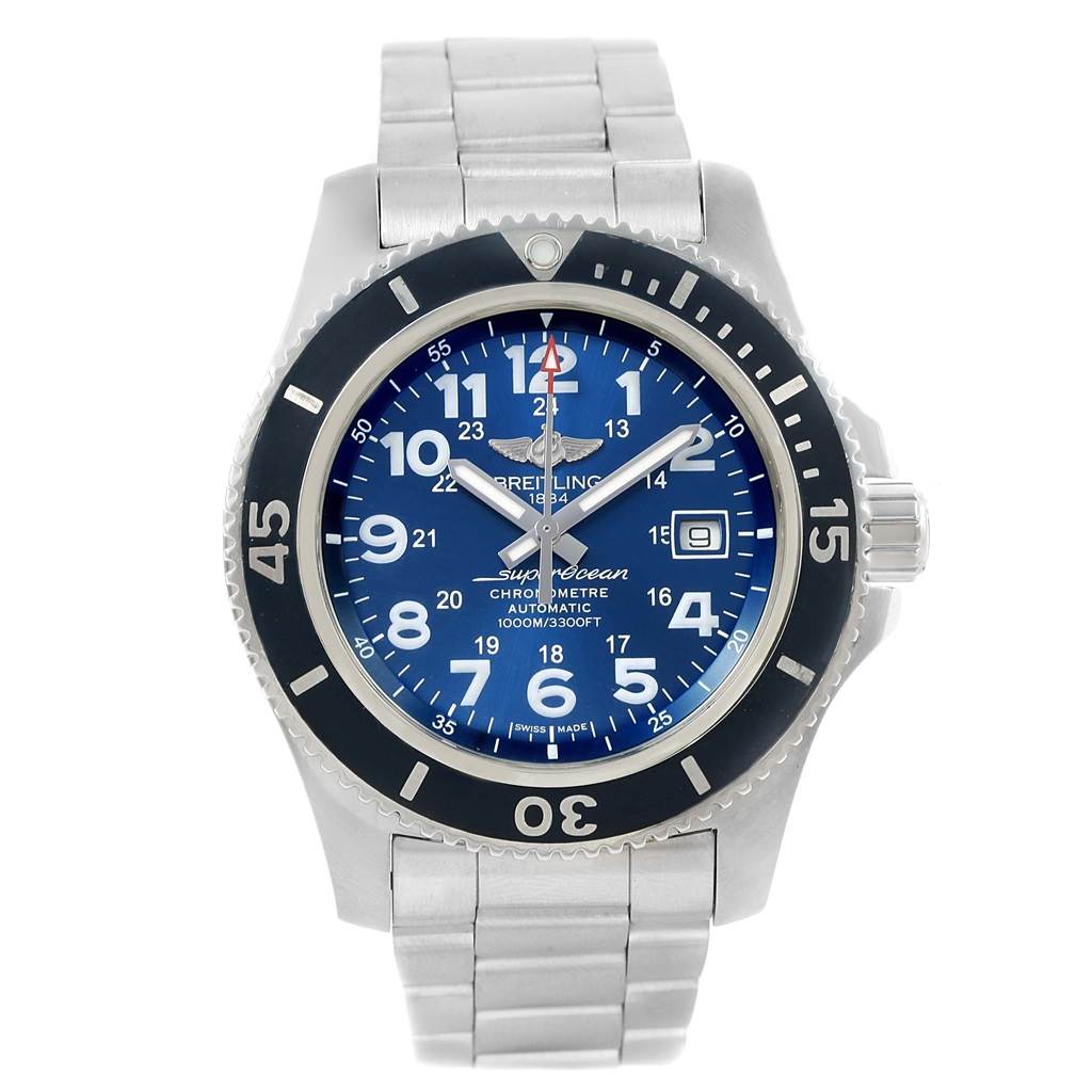 The image shows a front view of a Breitling Superocean A17392 Men's Stainless Steel Blue Dial A17392 Men's Stainless Steel Blue Dial watch with a blue dial, stainless steel case, and bracelet.