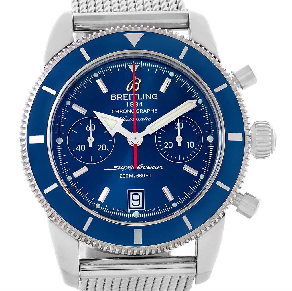 This image shows a frontal view of a Breitling Superocean A23370 Men's Stainless Steel Blue Dial A23370 Men's Stainless Steel Blue Dial chronograph watch with a blue dial and stainless steel mesh bracelet.
