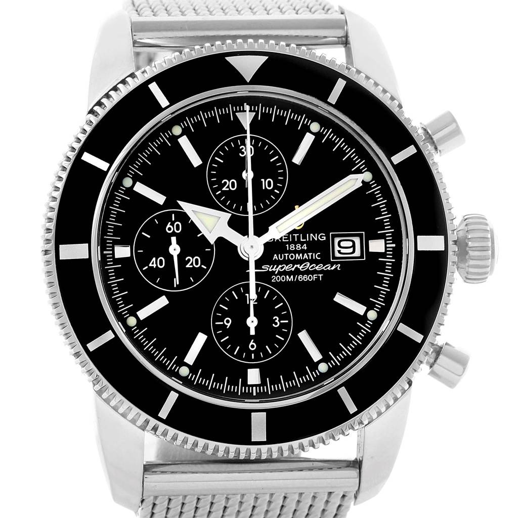 The image shows a front view of the Breitling Superocean A13320 Men's Stainless Steel Black Dial A13320 Men's Stainless Steel Black Dial watch, highlighting the watch face, bezel, subdials, and crown.