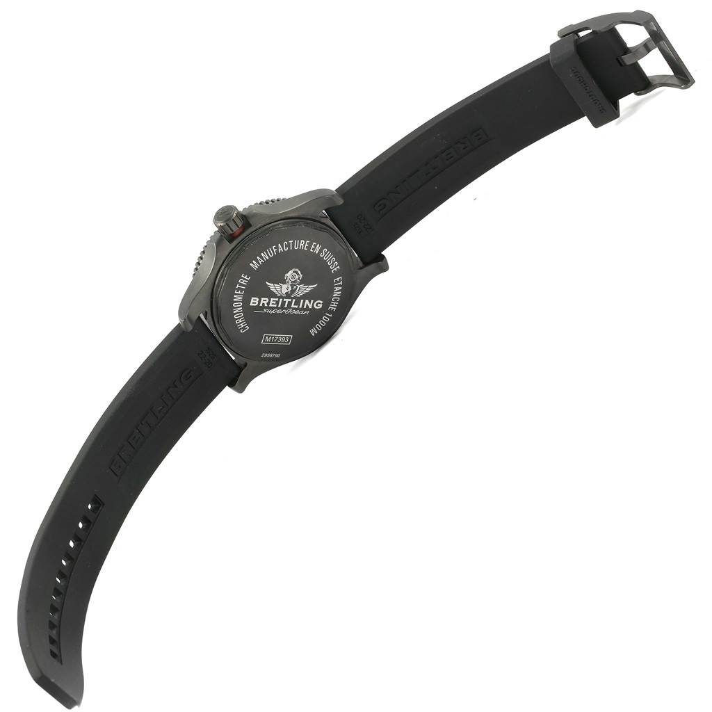 The image shows the back view of a Breitling Superocean M17393 Men's Stainless Steel Black Dial M17393 Men's Stainless Steel Black Dial watch, highlighting the case back and rubber strap.