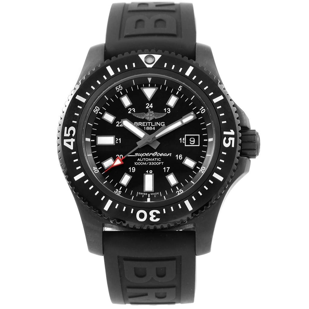 The image shows a frontal view of a Breitling Superocean M17393 Men's Stainless Steel Black Dial M17393 Men's Stainless Steel Black Dial watch, highlighting its black dial, bezel, and rubber strap.