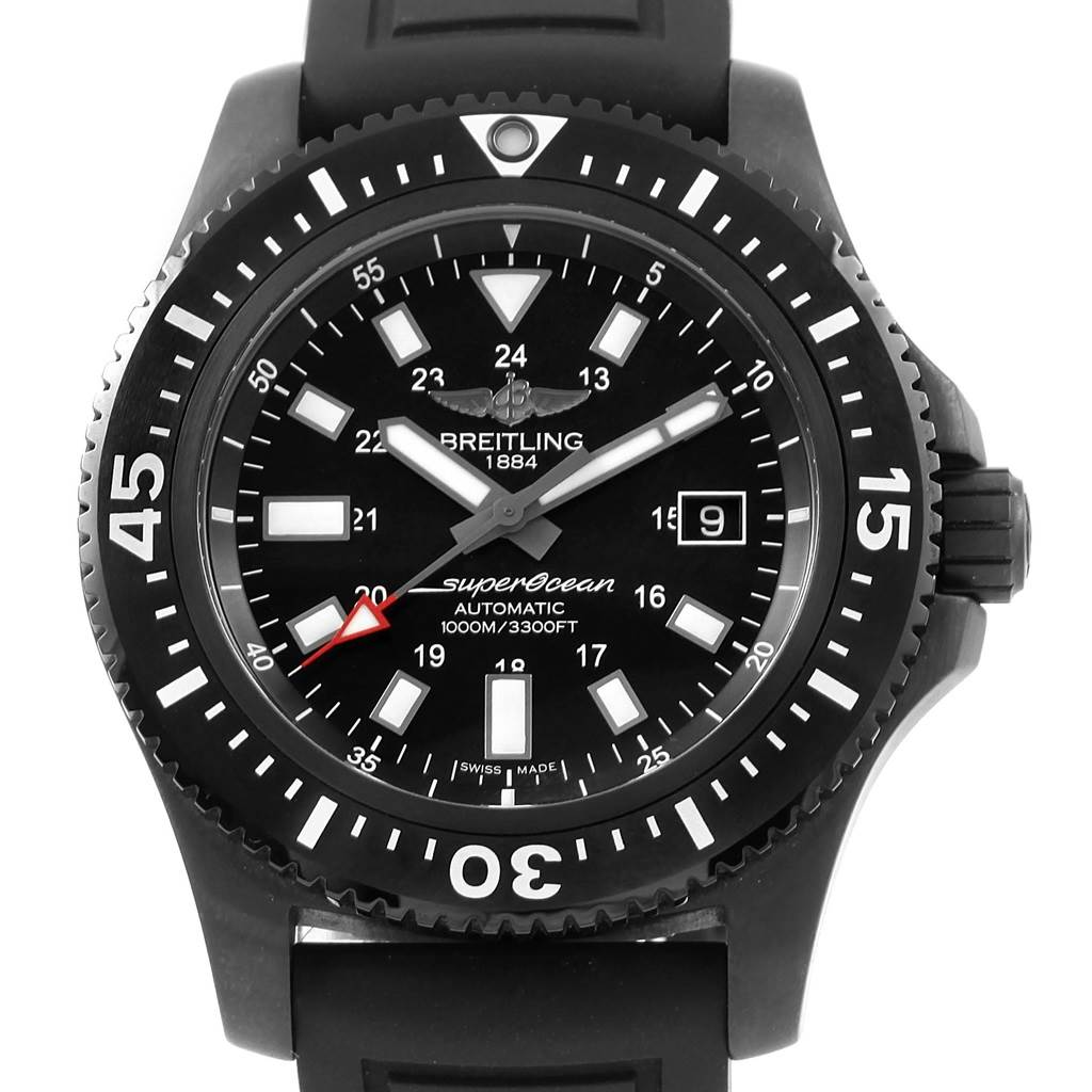 The image shows a front view of the Breitling Superocean M17393 Men's Stainless Steel Black Dial M17393 Men's Stainless Steel Black Dial watch, highlighting its dial, bezel, hands, and date window.