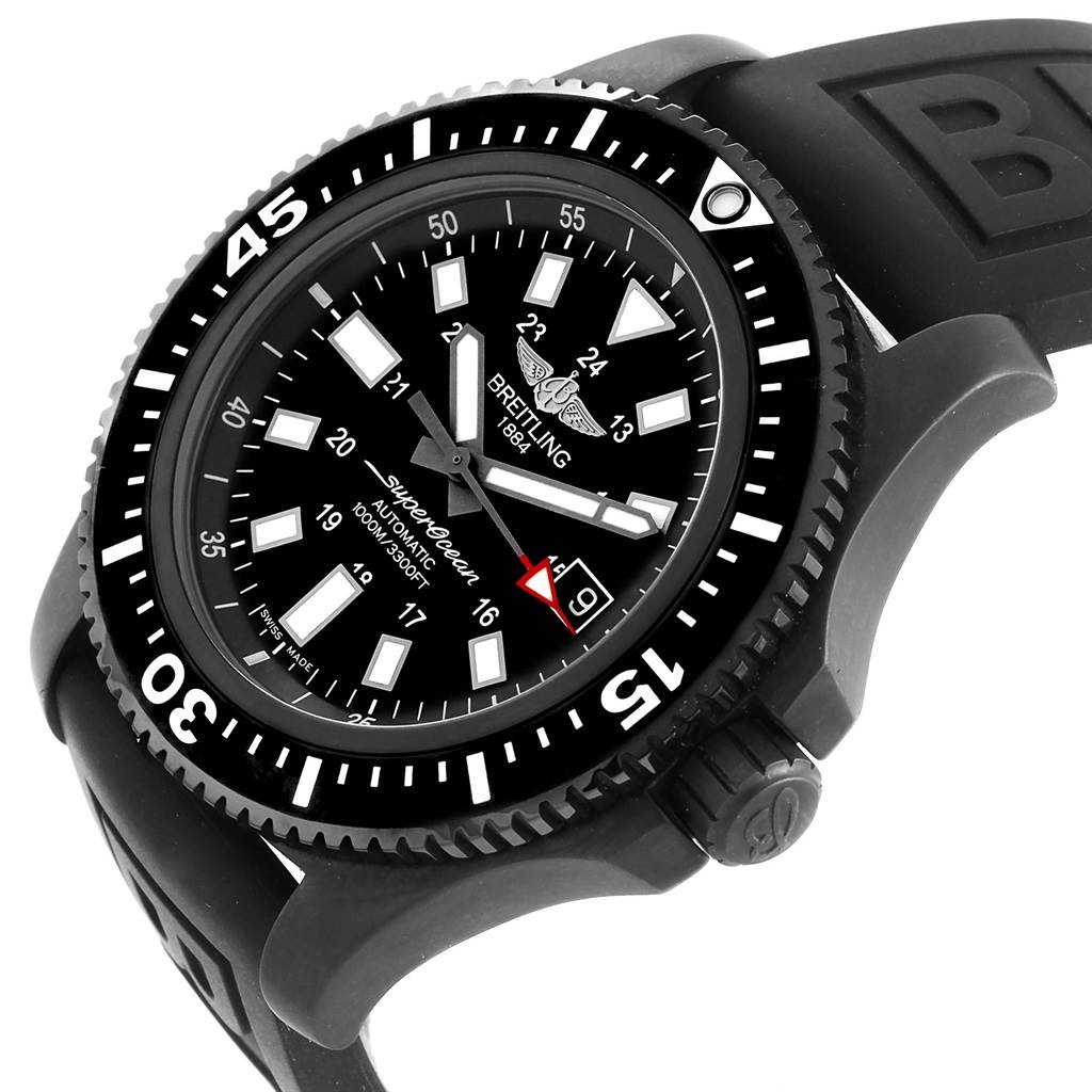 The image shows a close-up view of the Breitling Superocean M17393 Men's Stainless Steel Black Dial M17393 Men's Stainless Steel Black Dial watch face, bezel, crown, and rubber strap.