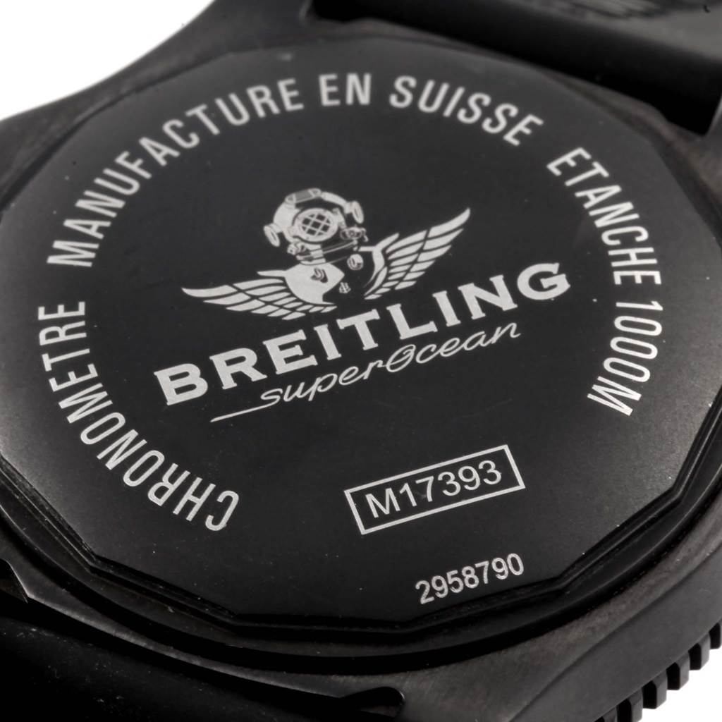 The image shows the back case of a Breitling Superocean M17393 Men's Stainless Steel Black Dial M17393 Men's Stainless Steel Black Dial watch, highlighting the model number and brand name.