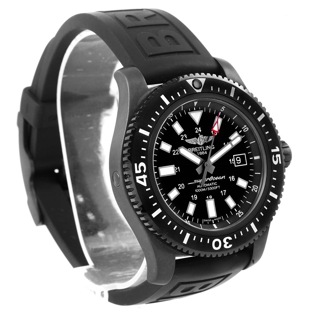 The Breitling Superocean M17393 Men's Stainless Steel Black Dial M17393 Men's Stainless Steel Black Dial watch is displayed at a 3/4 angle, showcasing its black dial, bezel, and rubber strap.