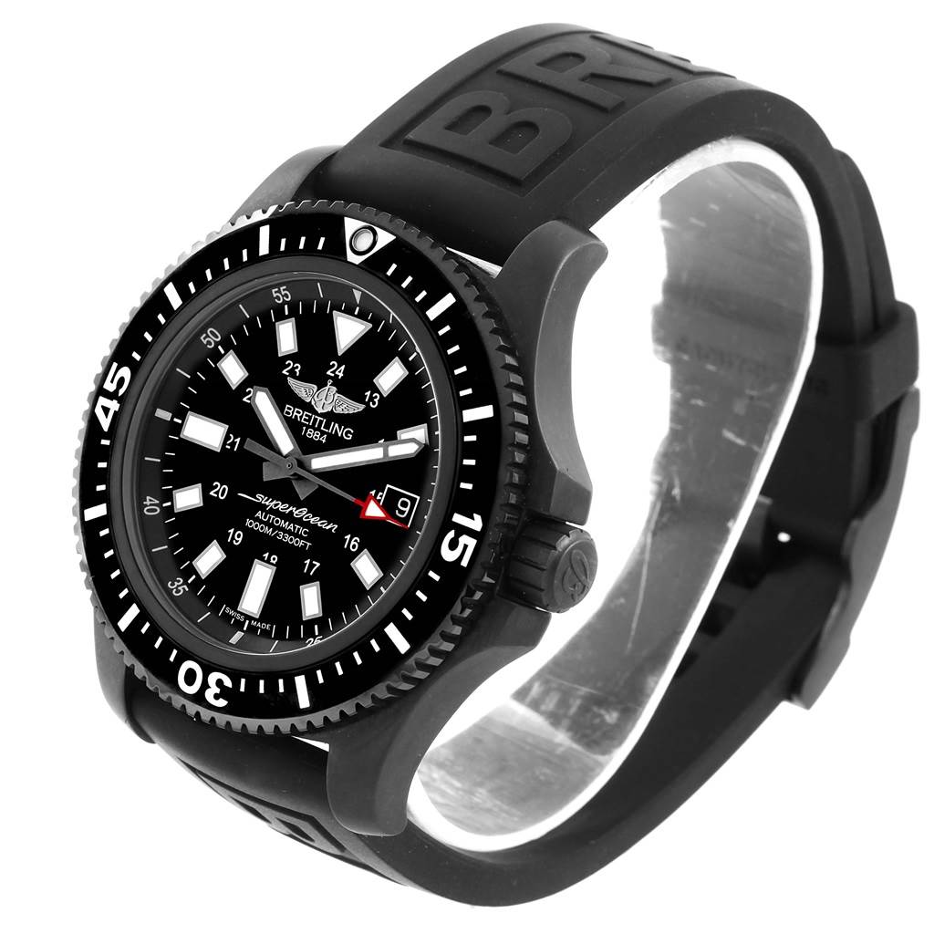 This image shows a Breitling Superocean M17393 Men's Stainless Steel Black Dial M17393 Men's Stainless Steel Black Dial watch from an angled side view, highlighting the dial, bezel, and rubber strap.