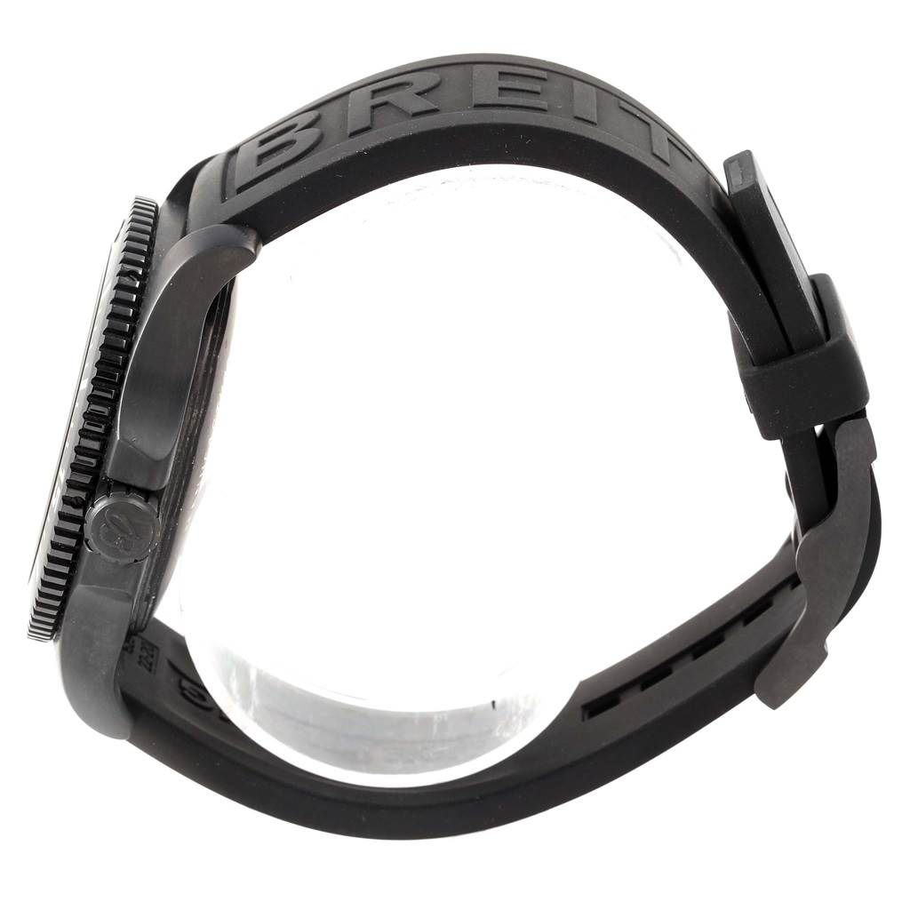 Side view of a Breitling Superocean M17393 Men's Stainless Steel Black Dial M17393 Men's Stainless Steel Black Dial watch showing the black rubber strap and part of the bezel.