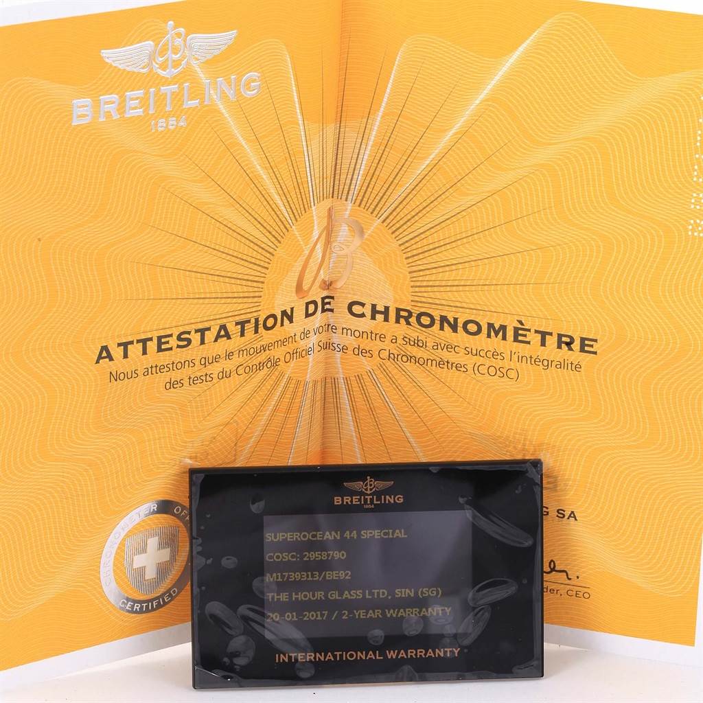 The image shows the warranty card and chronometer certificate for the Breitling Superocean M17393 Men's Stainless Steel Black Dial M17393 Men's Stainless Steel Black Dial 44 Special watch.