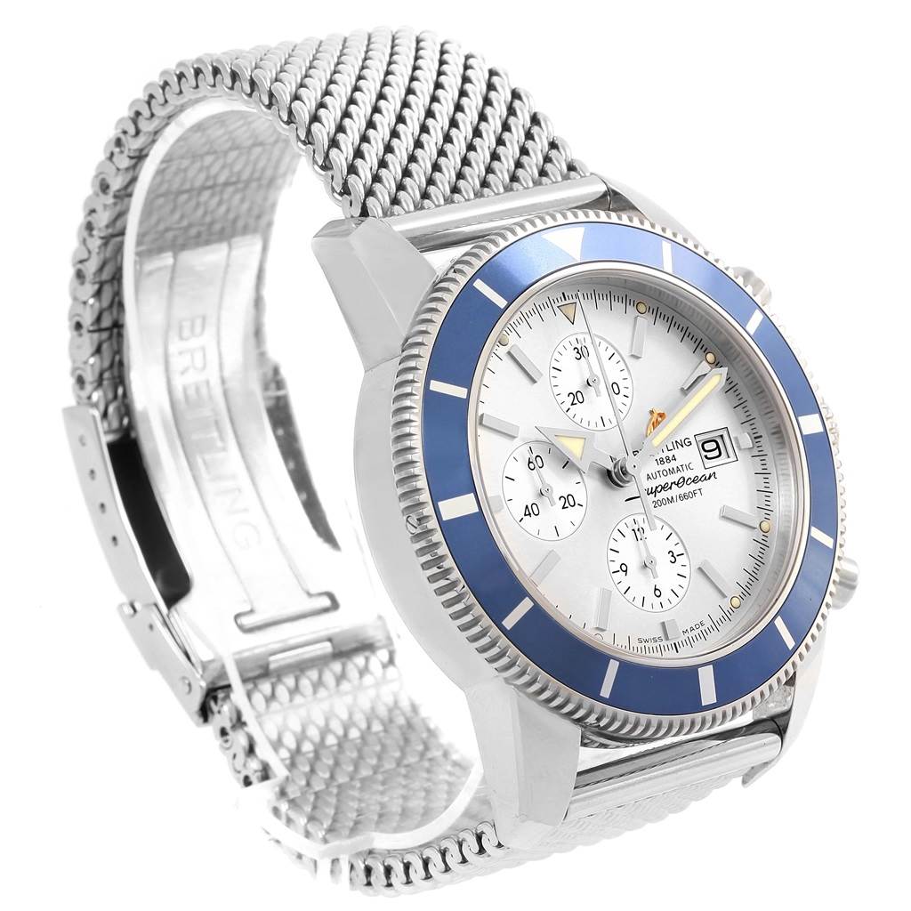 The Breitling Superocean A13320 Men's Stainless Steel Silver Dial A13320 Men's Stainless Steel Silver Dial watch is shown at a three-quarter angle, highlighting its face, bezel, and mesh bracelet.