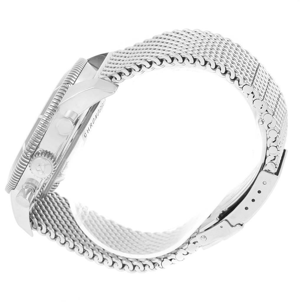 The image shows a side view of the Breitling Superocean A13320 Men's Stainless Steel Silver Dial A13320 Men's Stainless Steel Silver Dial watch case and mesh bracelet.