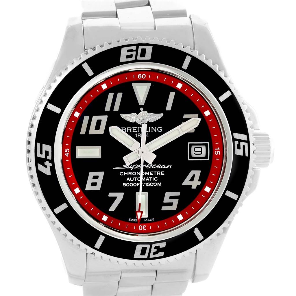 The Breitling Superocean A17364 Men's Stainless Steel Black Dial A17364 Men's Stainless Steel Black Dial watch is shown from a front angle, displaying the dial, bezel, and bracelet.