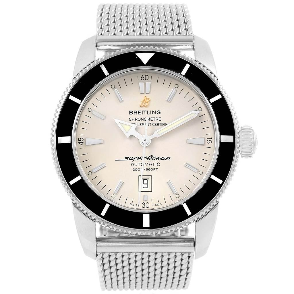 The image shows a front view of a Breitling Superocean A17320 Men's Stainless Steel Silver Dial A17320 Men's Stainless Steel Silver Dial watch with its dial, bezel, crown, and mesh bracelet.