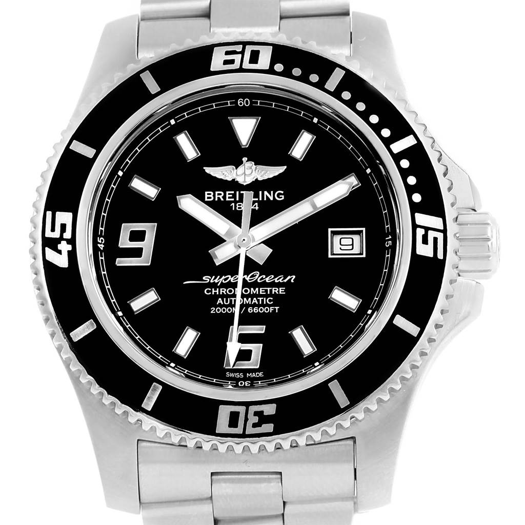 The image shows a front view of a Breitling Superocean A17391 Men's Stainless Steel Black Dial A17391 Men's Stainless Steel Black Dial watch, displaying the dial, bezel, hands, and bracelet.