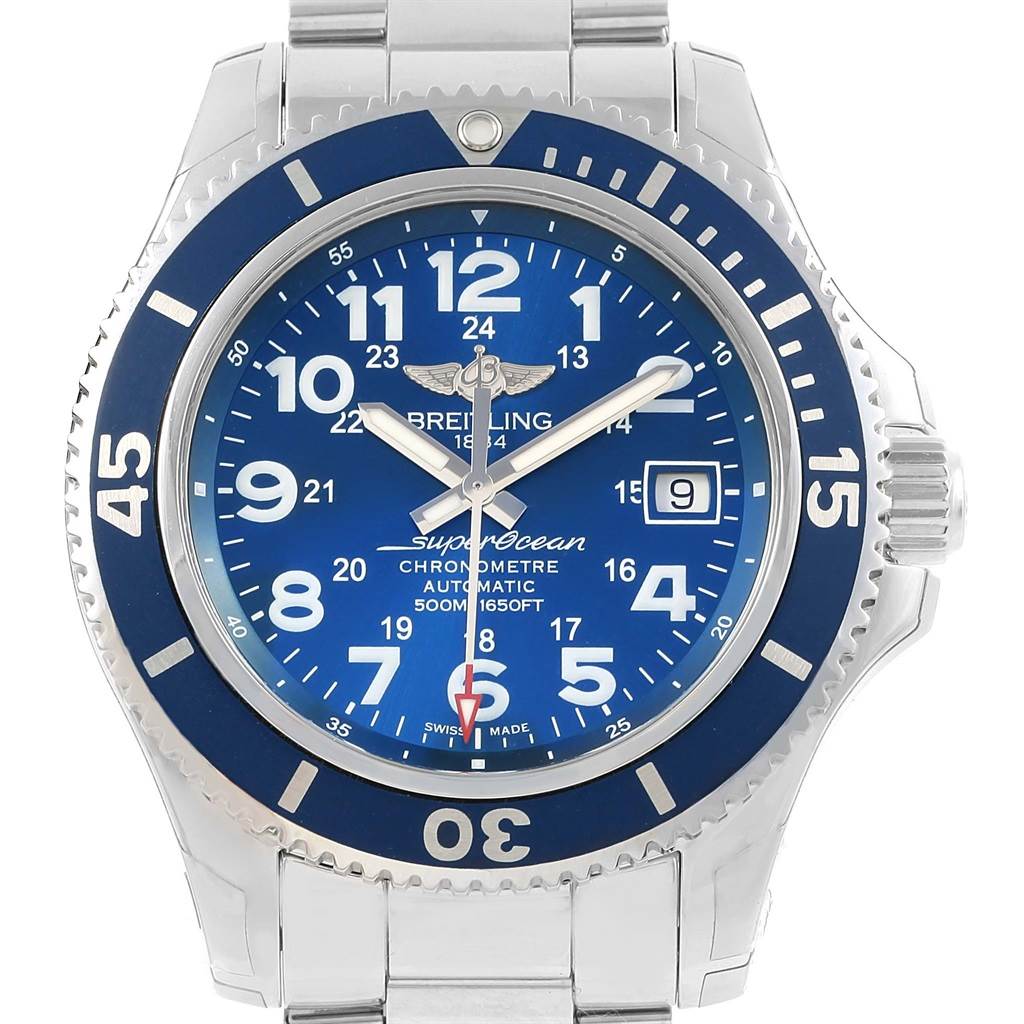 The image shows a front view of a Breitling Superocean A17365 Men's Stainless Steel Blue Dial A17365 Men's Stainless Steel Blue Dial watch featuring a blue dial, date window, and stainless steel case and bracelet.