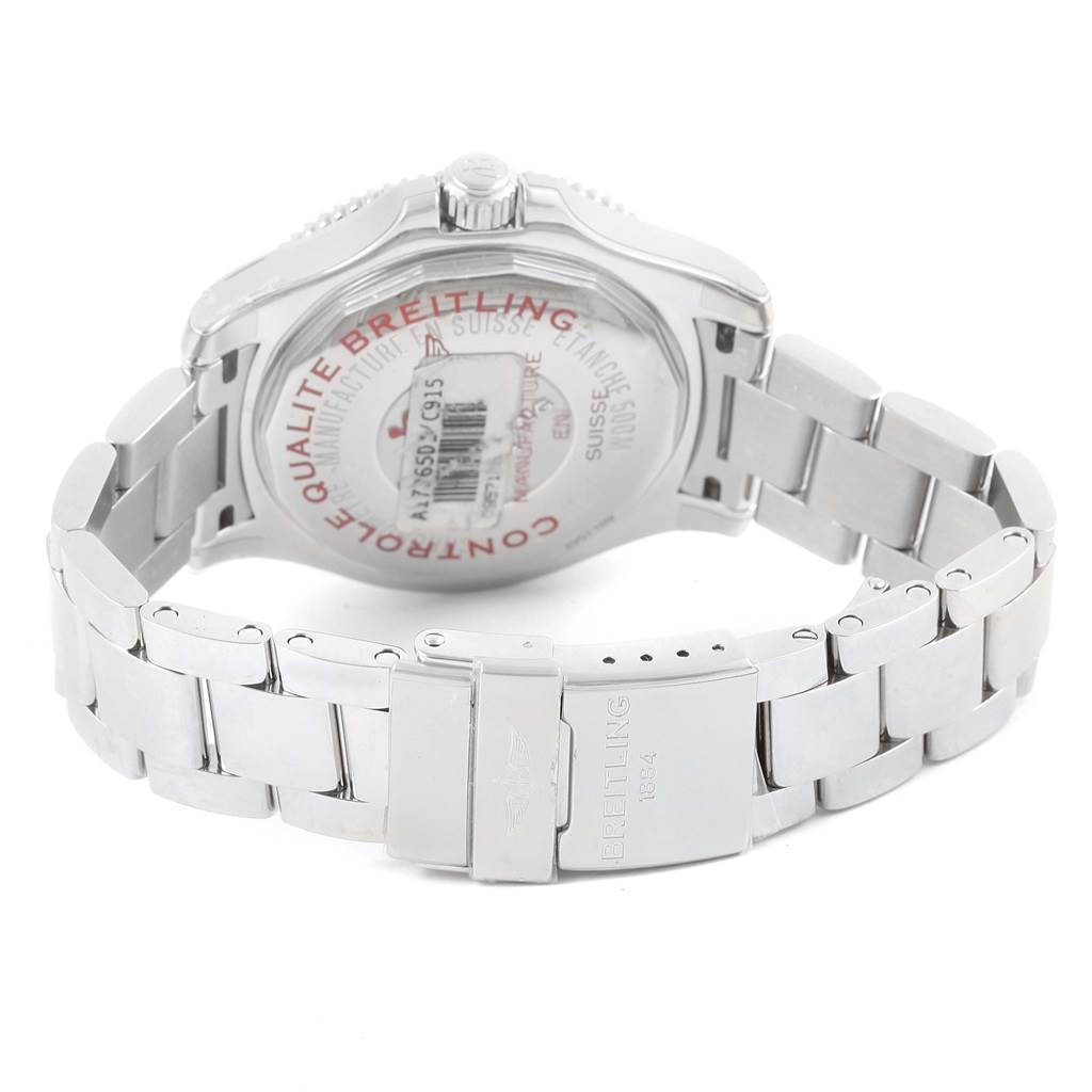 This image shows the back of the Breitling Superocean A17365 Men's Stainless Steel Blue Dial A17365 Men's Stainless Steel Blue Dial watch, highlighting the case back and the metal bracelet clasp.