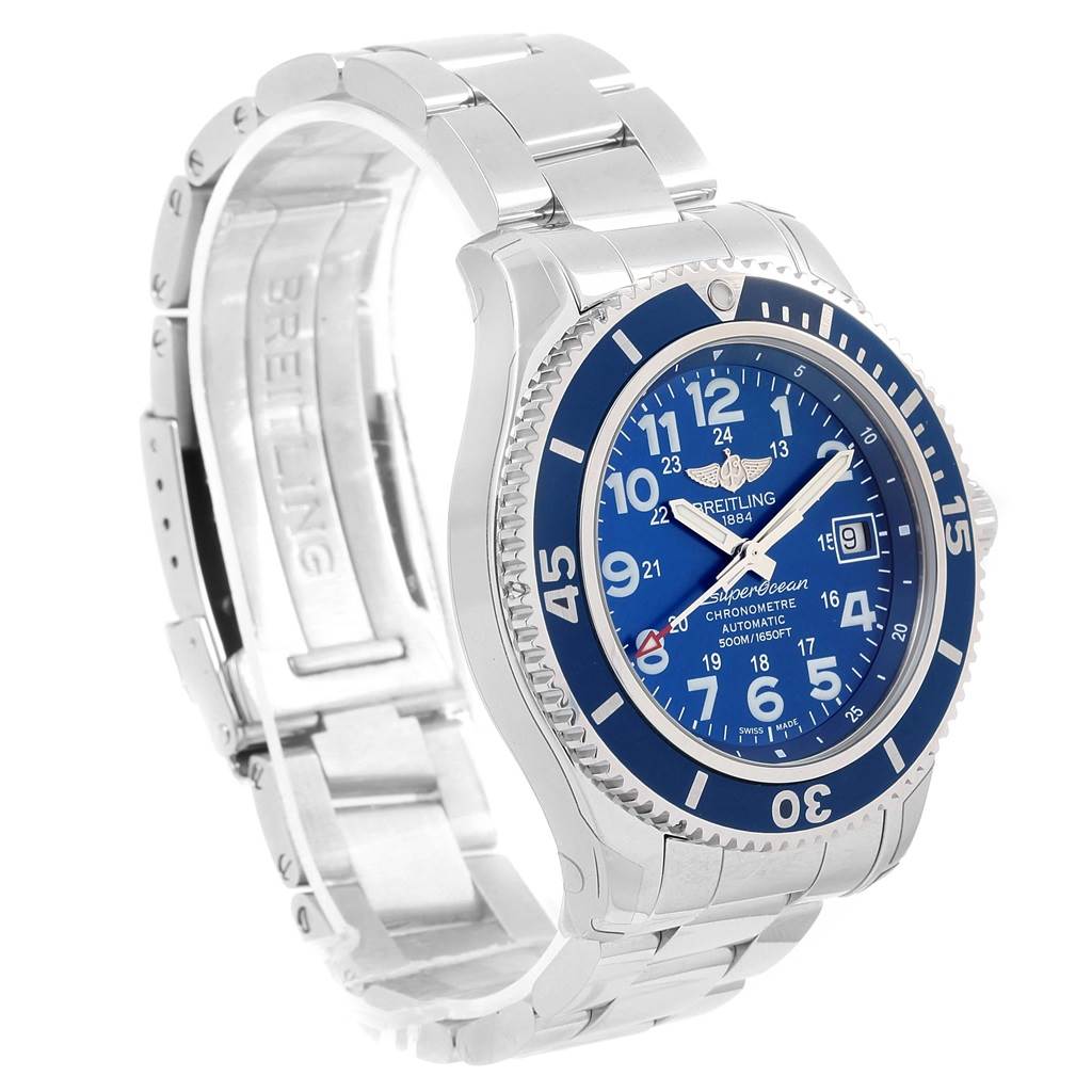 The image shows a Breitling Superocean A17365 Men's Stainless Steel Blue Dial A17365 Men's Stainless Steel Blue Dial watch at a three-quarter angle, displaying the dial, bezel, case, and metal bracelet.