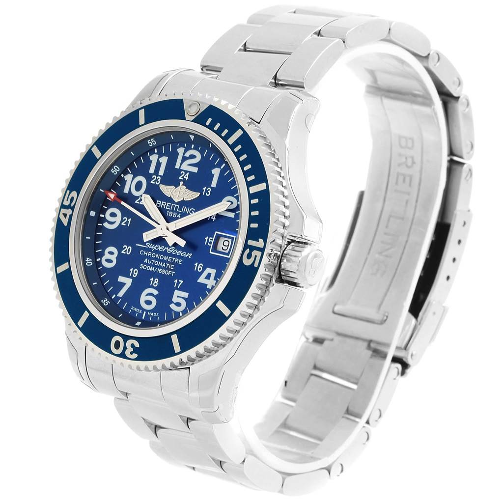 The image shows a front right angle of a Breitling Superocean A17365 Men's Stainless Steel Blue Dial A17365 Men's Stainless Steel Blue Dial watch, highlighting the face, bezel, crown, and part of the bracelet.