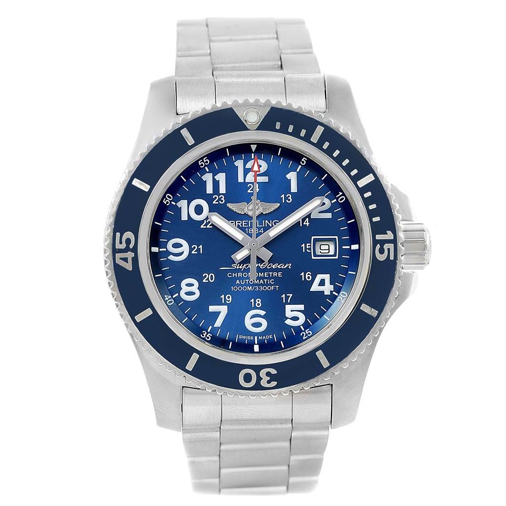This image shows a frontal view of the Breitling Superocean A17392 Men's Stainless Steel Blue Dial A17392 Men's Stainless Steel Blue Dial watch, displaying the face, bezel, and part of the metal bracelet.