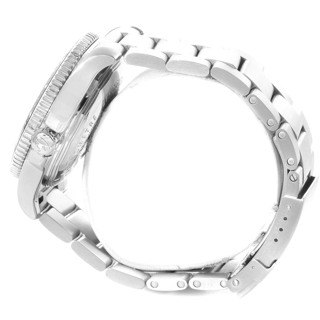 The image shows a side view of the Breitling Superocean A17391 Men's Stainless Steel Black Dial A17391 Men's Stainless Steel Black Dial watch, highlighting the case, crown, and metal bracelet.