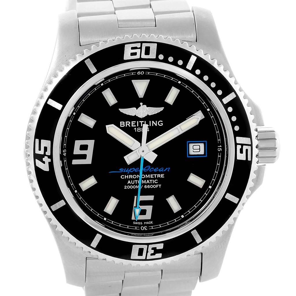 The image shows a frontal view of the Breitling Superocean A17391 Men's Stainless Steel Black Dial A17391 Men's Stainless Steel Black Dial watch, highlighting its dial, bezel, hands, and part of the bracelet.