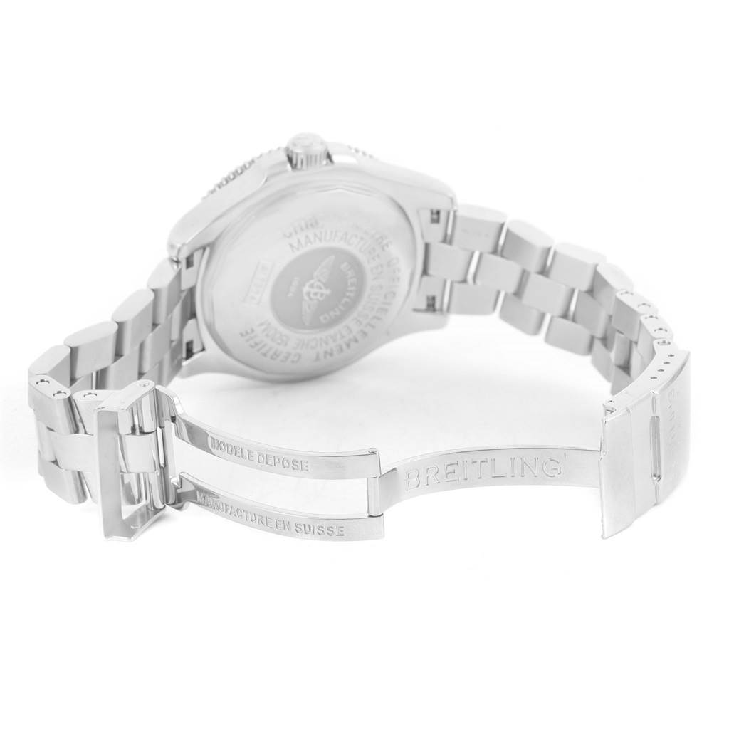 The image shows the back view of a Breitling Superocean A17364 Men's Stainless Steel Black Dial A17364 Men's Stainless Steel Black Dial watch, highlighting its case back and metal bracelet with the Breitling logo on the clasp.