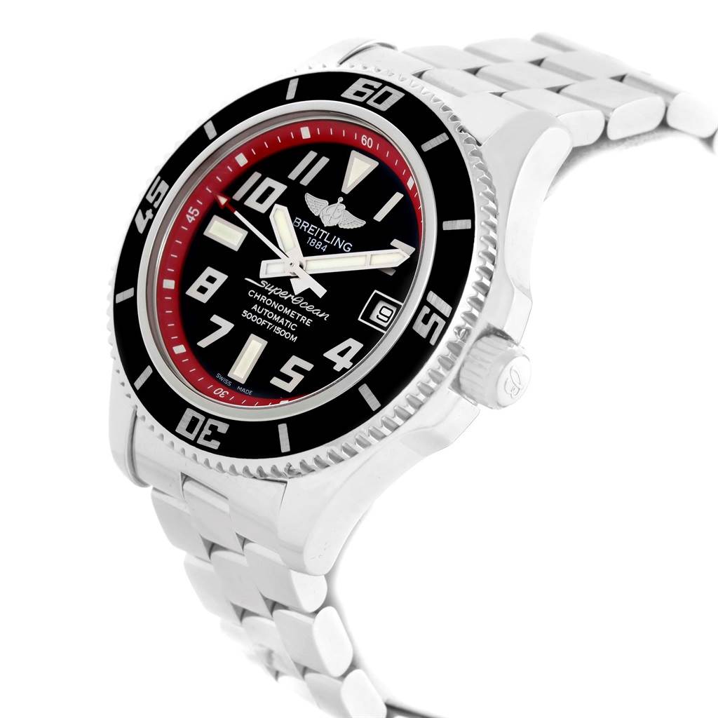 This image shows a Breitling Superocean A17364 Men's Stainless Steel Black Dial A17364 Men's Stainless Steel Black Dial watch at an angled view, highlighting its dial, bezel, and bracelet.