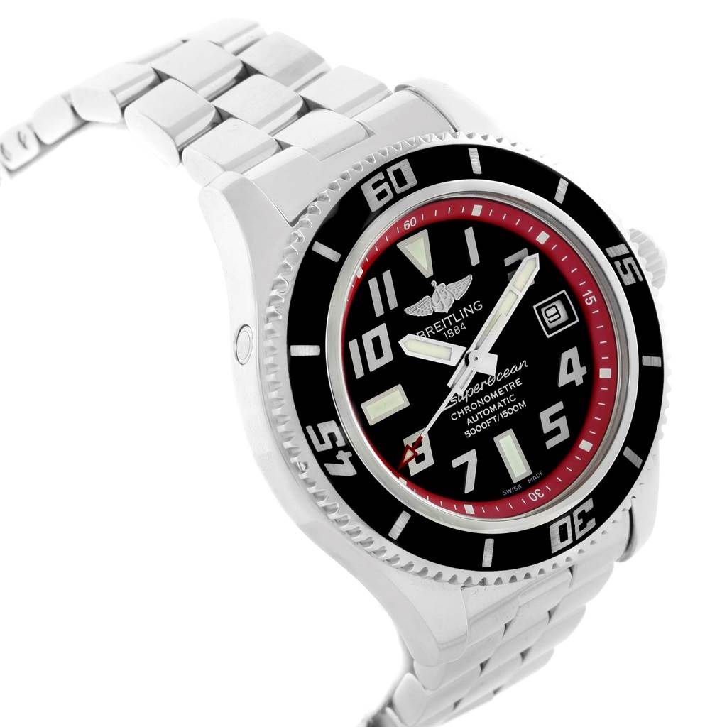 This image shows a side angle of a Breitling Superocean A17364 Men's Stainless Steel Black Dial A17364 Men's Stainless Steel Black Dial watch, highlighting its bezel, dial, and bracelet.