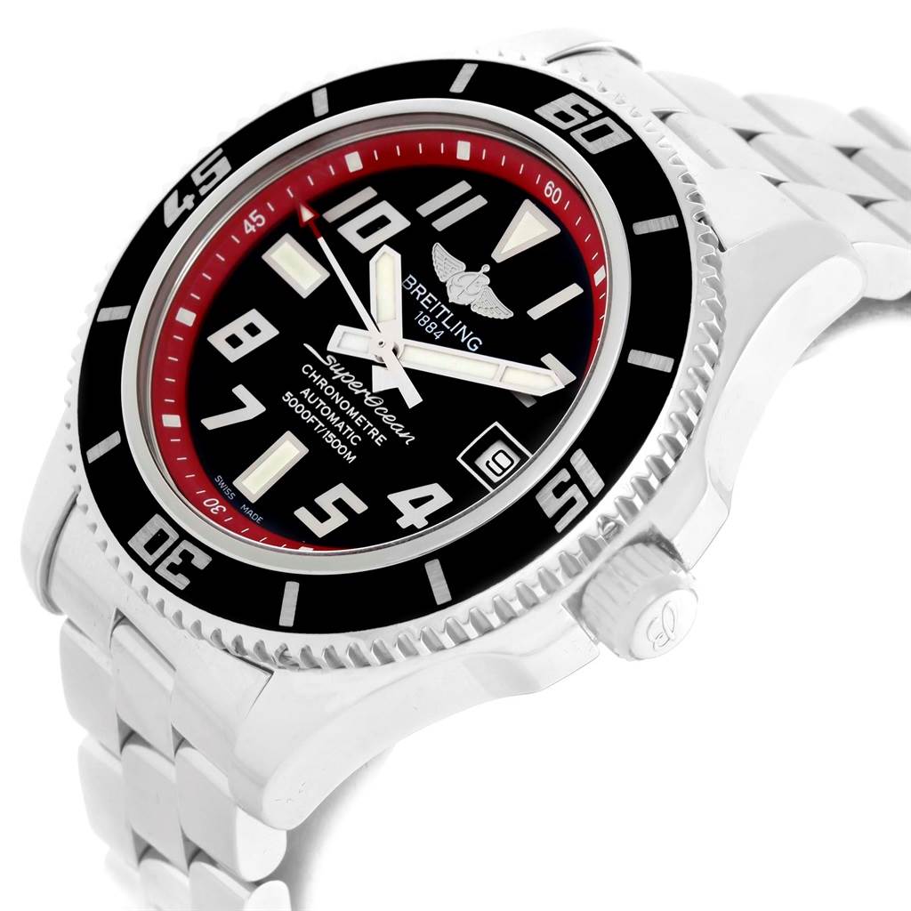 The image shows a side angle of a Breitling Superocean A17364 Men's Stainless Steel Black Dial A17364 Men's Stainless Steel Black Dial watch featuring its bezel, dial, and part of the bracelet.