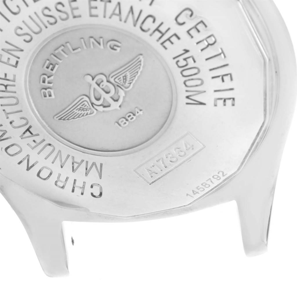 The image shows the back case of a Breitling Superocean A17364 Men's Stainless Steel Black Dial A17364 Men's Stainless Steel Black Dial watch, featuring the branding and specific model information.