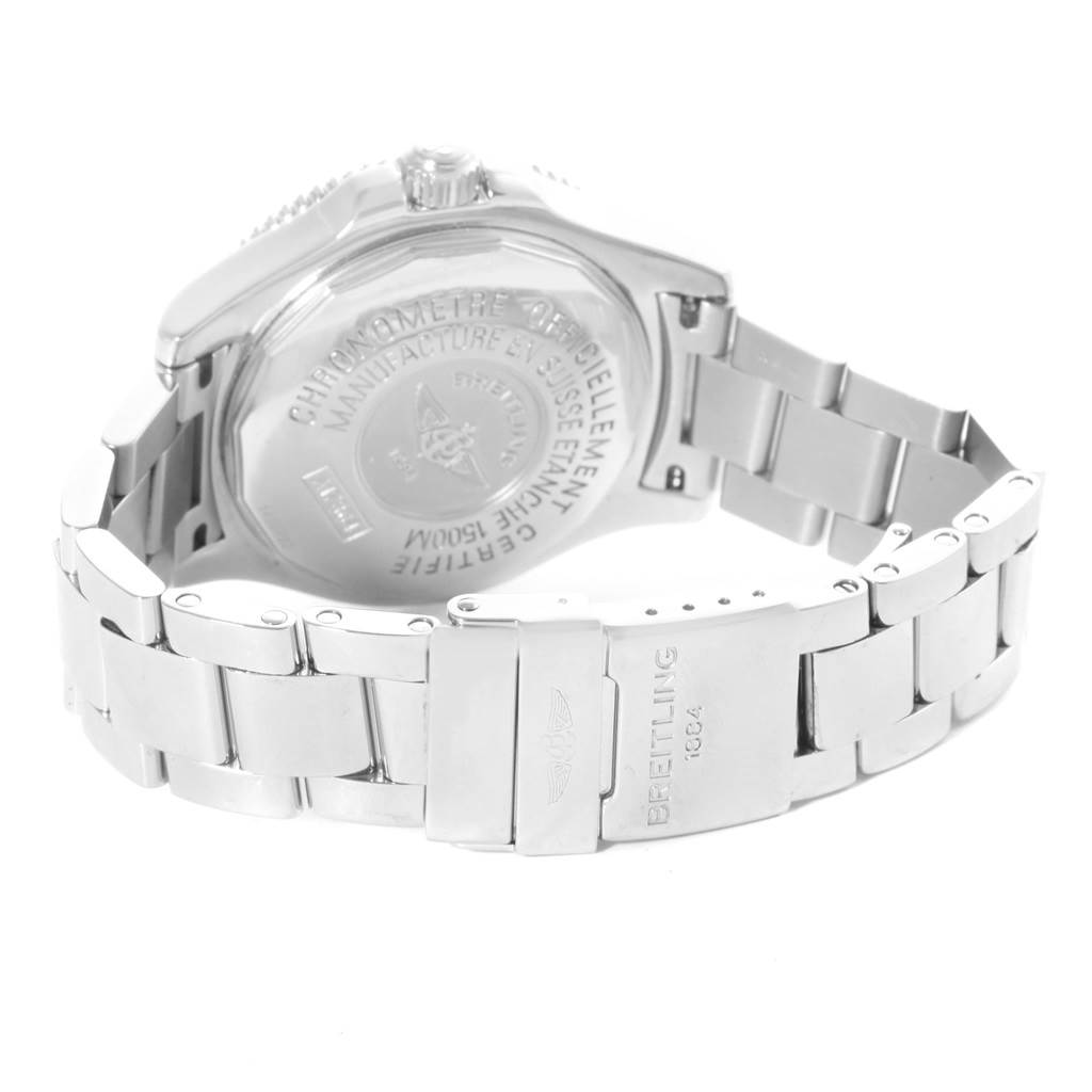 The image shows the back case and clasp of the Breitling Superocean A17364 Men's Stainless Steel Black Dial A17364 Men's Stainless Steel Black Dial watch, highlighting the bracelet and engraved details.