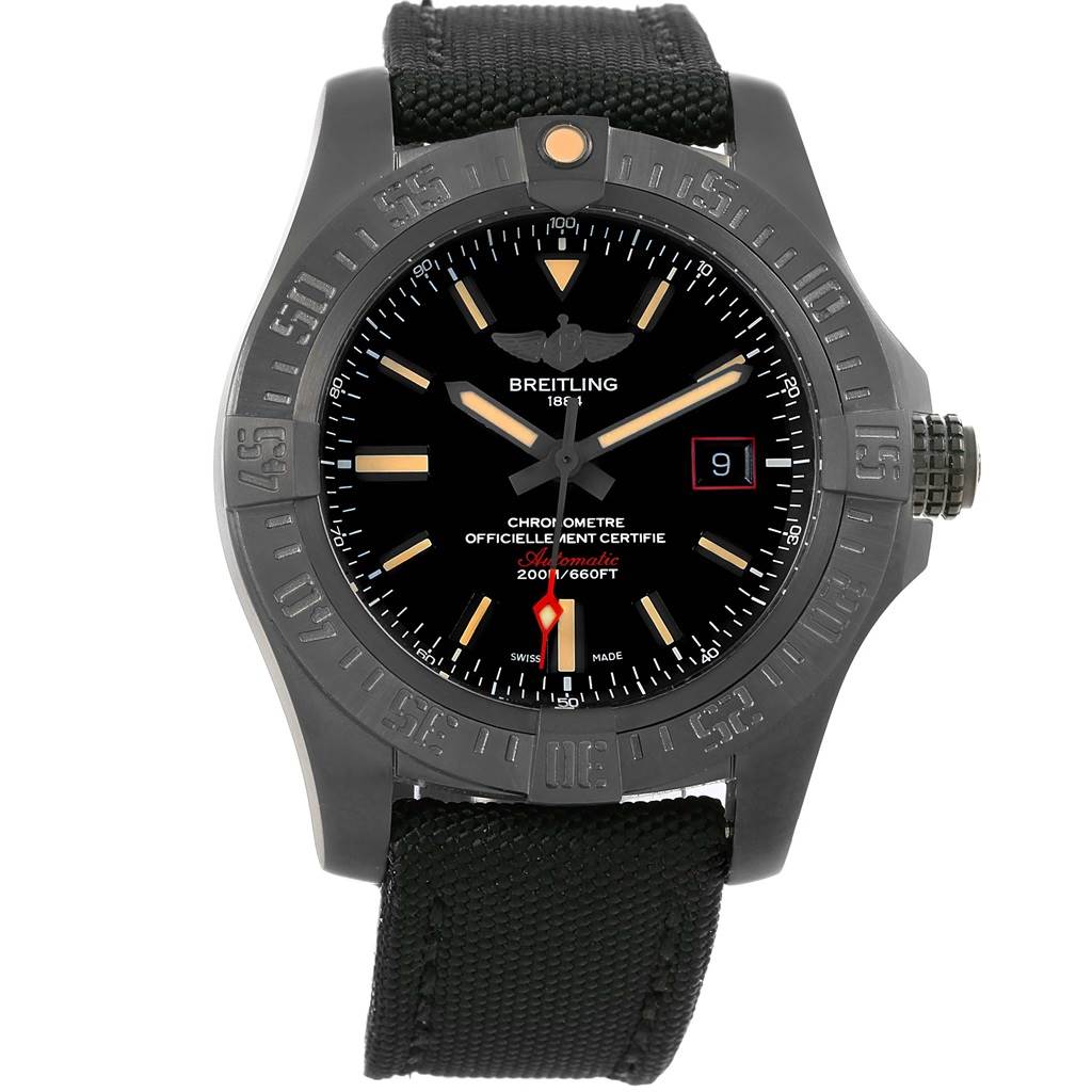 The Breitling Avenger V1731110-BD74-109W-M20BASA.1 Men's Titanium Black Dial V1731110-BD74-109W-M20BASA.1 Men's Titanium Black Dial watch is shown from a top-down angle, displaying the face, bezel, crown, and strap.