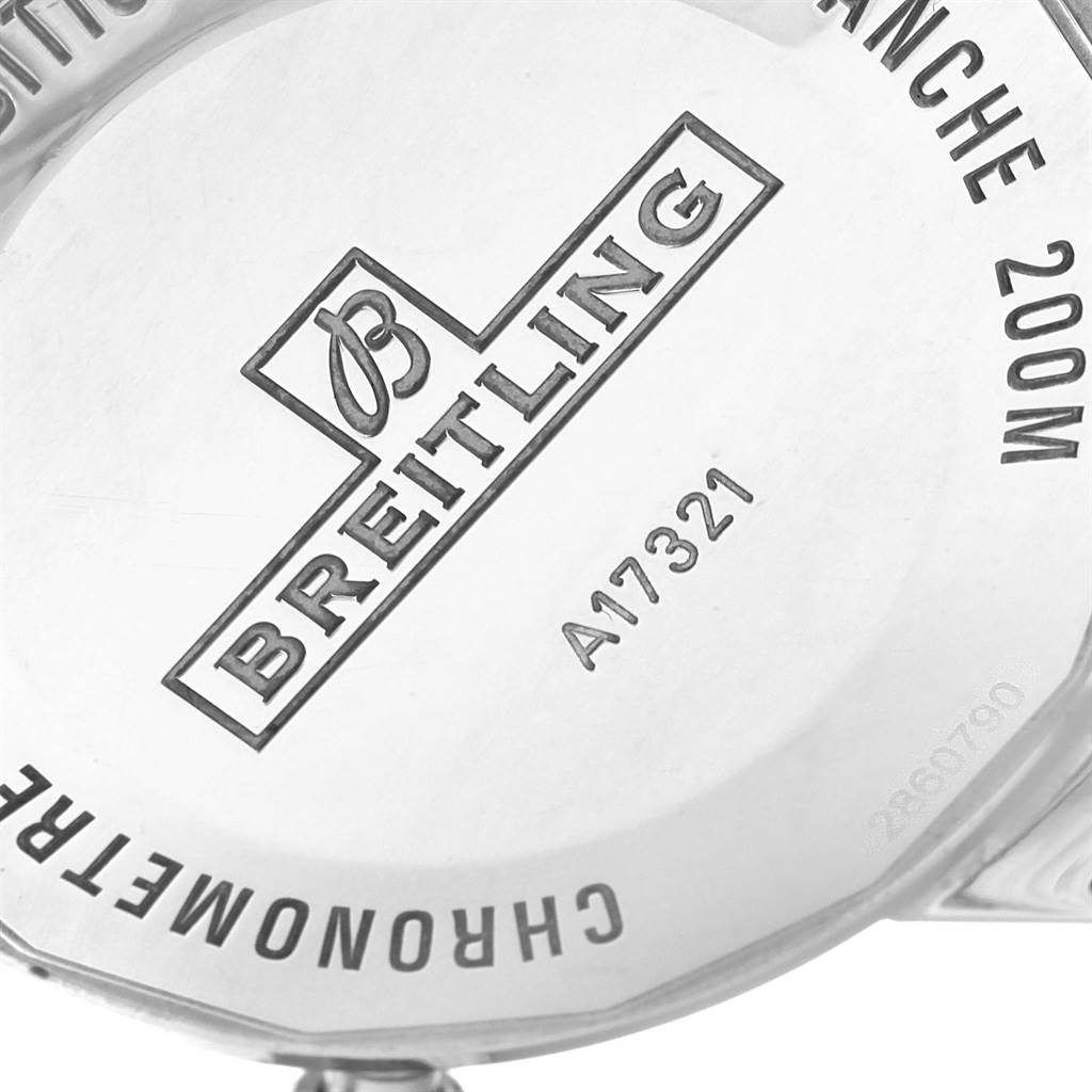 The image shows the case back of a Breitling Superocean A17321 Men's Stainless Steel White Dial A17321 Men's Stainless Steel White Dial watch, highlighting the brand logo and model number.