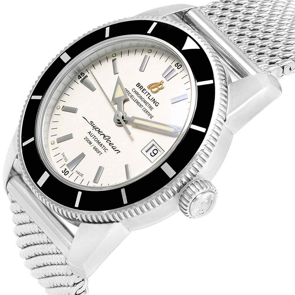 This image shows a Breitling Superocean A17321 Men's Stainless Steel White Dial A17321 Men's Stainless Steel White Dial watch from an angled close-up, highlighting the dial, bezel, and part of the bracelet.