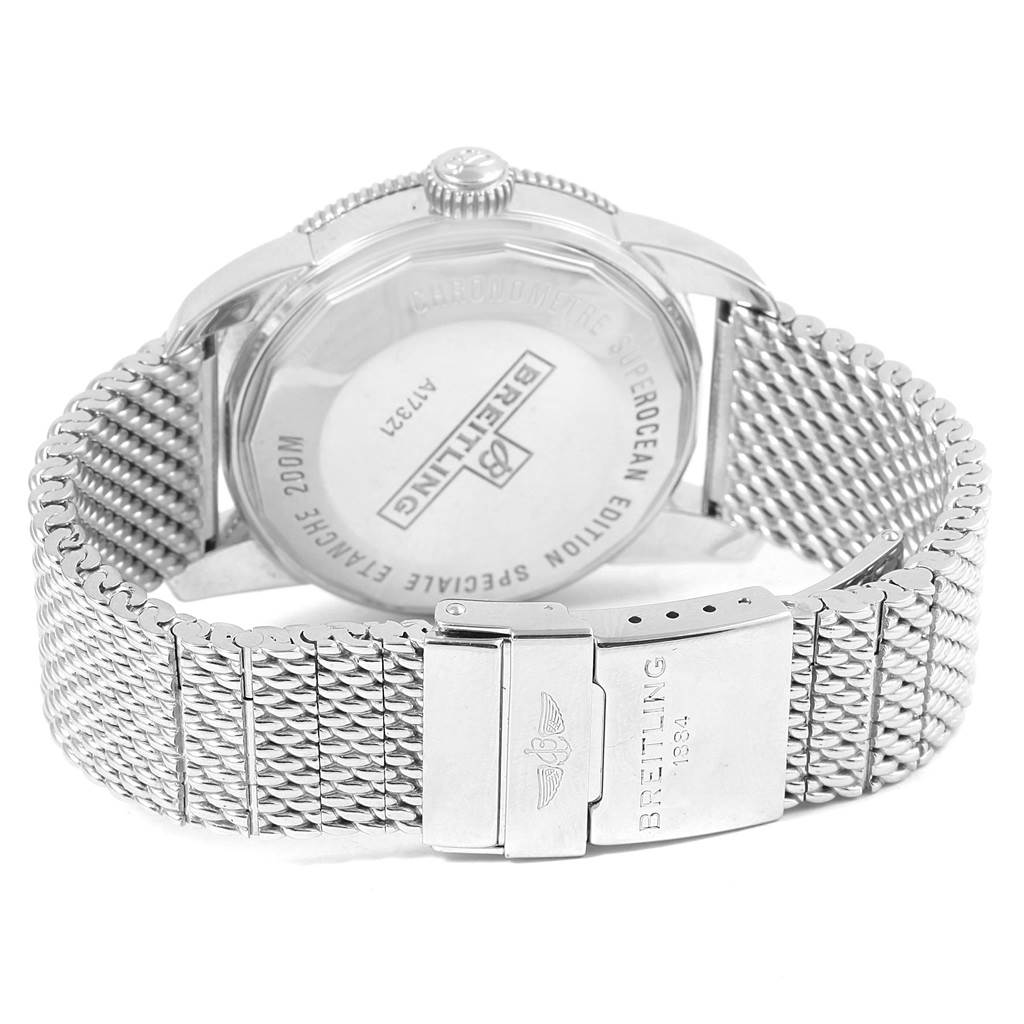 The image shows the back case and mesh bracelet of a Breitling Superocean A17321 Men's Stainless Steel White Dial A17321 Men's Stainless Steel White Dial watch, highlighting the clasp and brand engraving.
