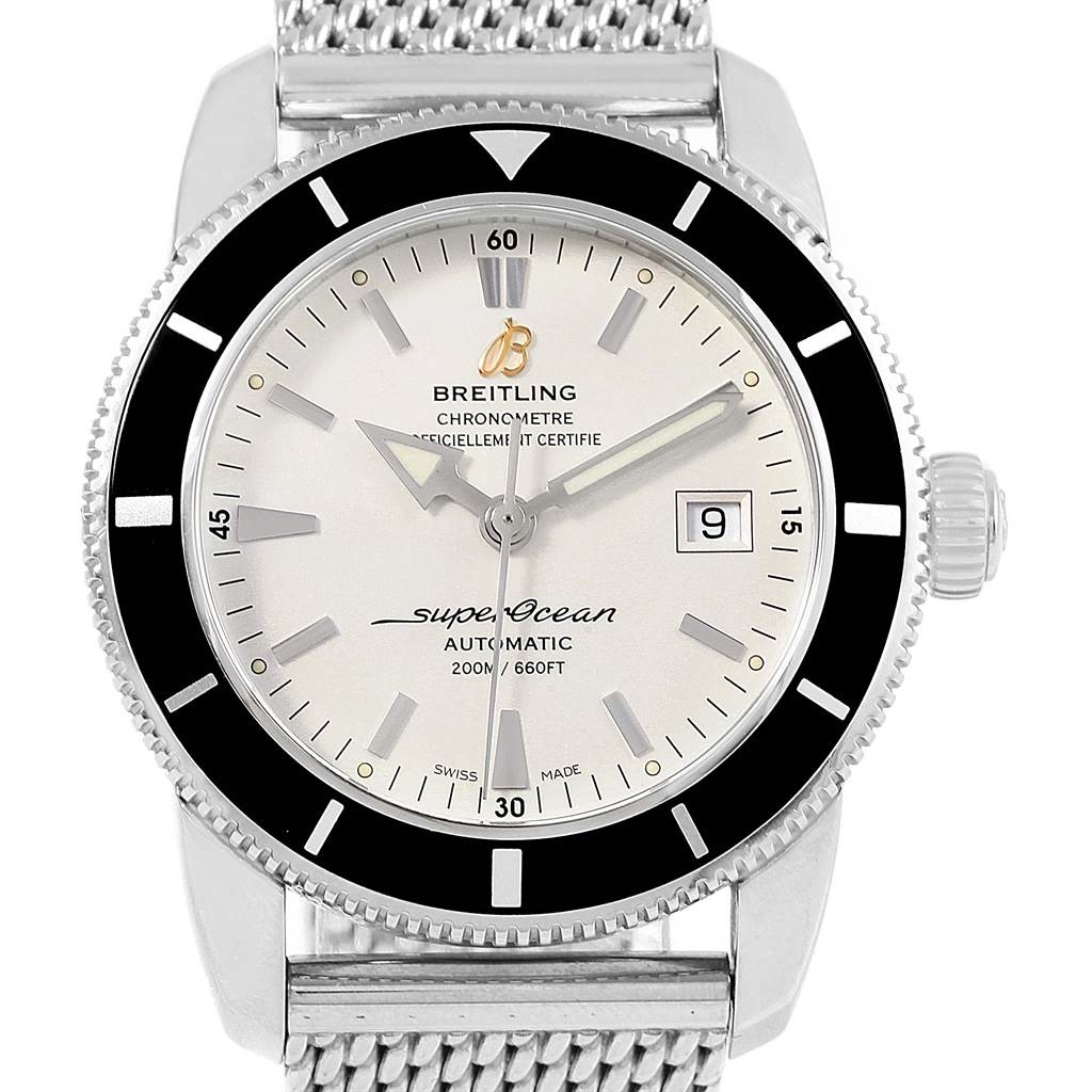 This image shows a front view of a Breitling Superocean A17321 Men's Stainless Steel White Dial A17321 Men's Stainless Steel White Dial watch, highlighting its face, bezel, crown, and mesh strap.