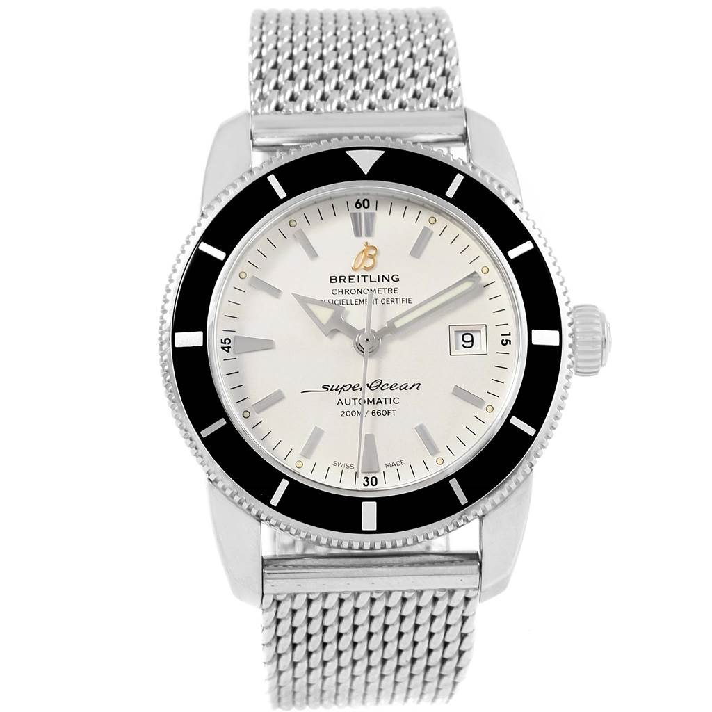 The Breitling Superocean A17321 Men's Stainless Steel White Dial A17321 Men's Stainless Steel White Dial watch is shown from the front, displaying its dial, bezel, crown, and mesh strap.
